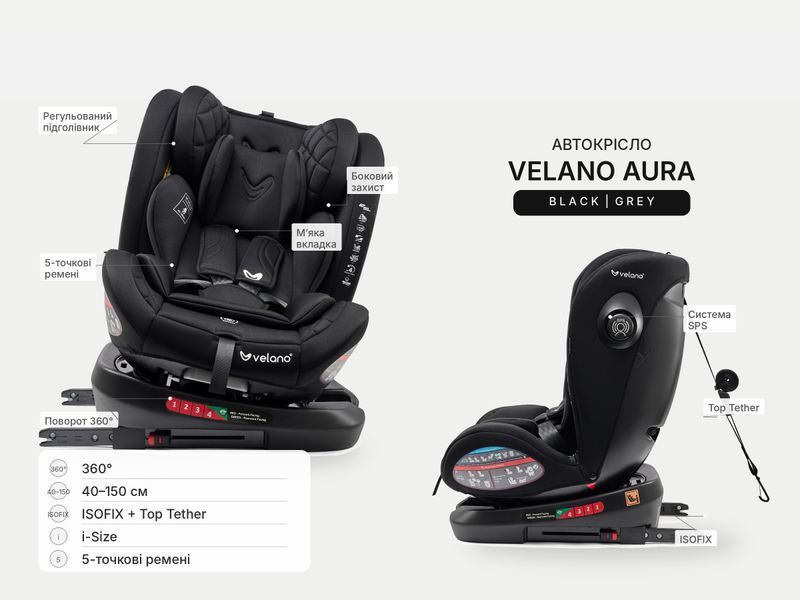 Автокресло VELANO Aura 360&deg; i-Size 40&ndash;150 см, ISOFIX, black sf59728 фото